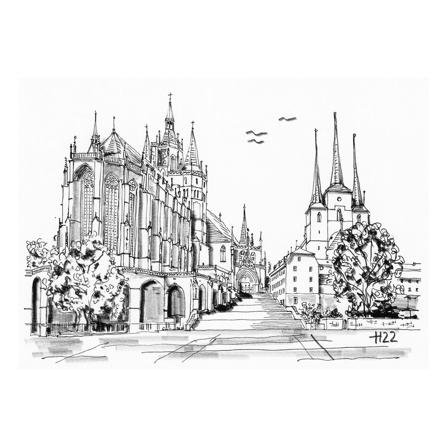 Kunstpostkarte Erfurt - Dom und St. Severi