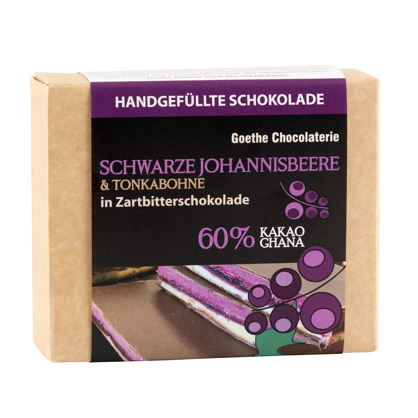 Handgefüllte Schokolade - Schwarze Johannisbeere & Tonkabohne